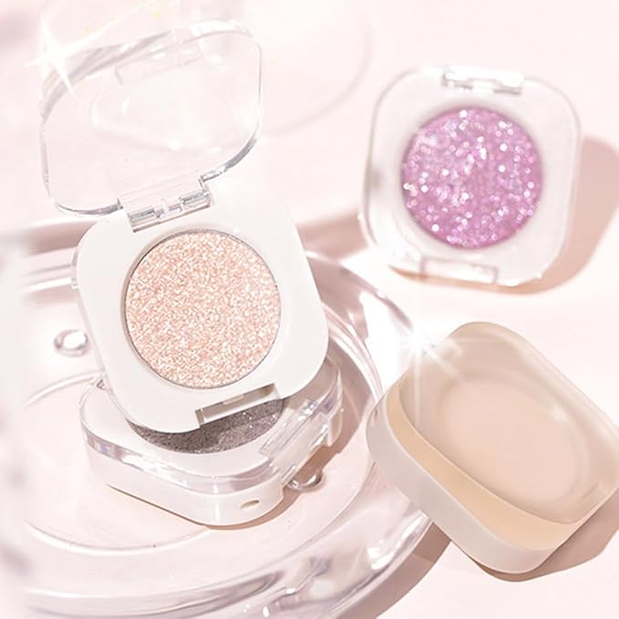2Pcs Glitter Shimmer Sparkle Eyeshadow Palette Makeup, Light Brown Pearl White Glitter Shimmer Metallic Holographic Multichrome Cream Iridescent Single Monochrome Eye Shadow Makeup