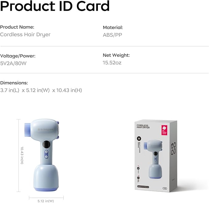 Bc Babycare Gentle Cordless Hair Dryer for Baby and Kids, Quiet Portable Mini Blow Dryer for Infant,Portable Travel Hair Dryer,Low Heat/Speed with 4 Model for Hair Diaper and Full Body (Purple)