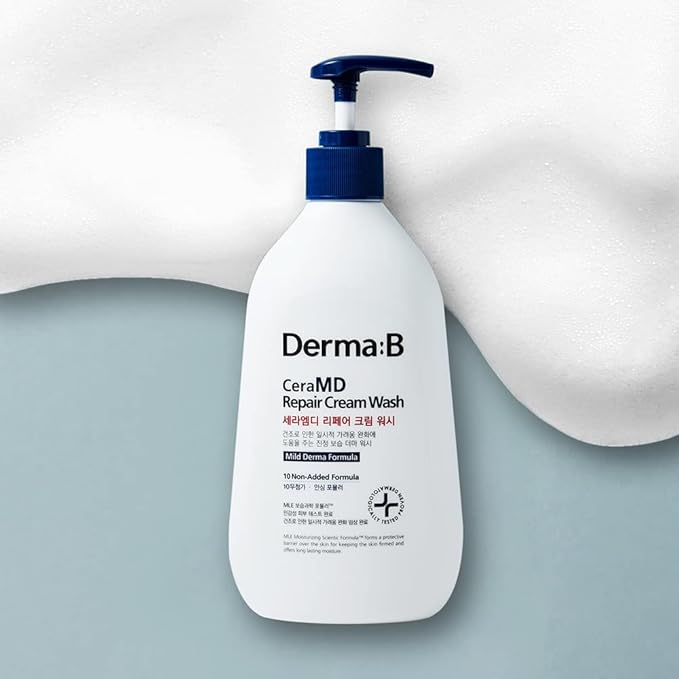 Derma B CeraMD Repair Cream Wash, Unscented Fragrance Free Creamy Face & Body Cleanser for Dry Sensitive Itchy Skin, Deep Moisture Paraben-Free Body Wash, Cream to Foam Cleanser, 13.5 Fl. Oz., 400ml