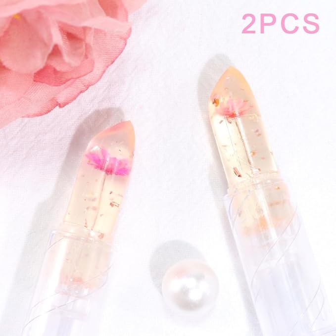 BINGBRUSH 2 Pcs Crystal Flower Jelly Color Changing Lipstick,Long Lasting Lip Care Moisturizer Lip Balm Magic Lip Gloss Lip Tint Stain Matte Makeup Lipstick (01#Pink&02#Rose red)
