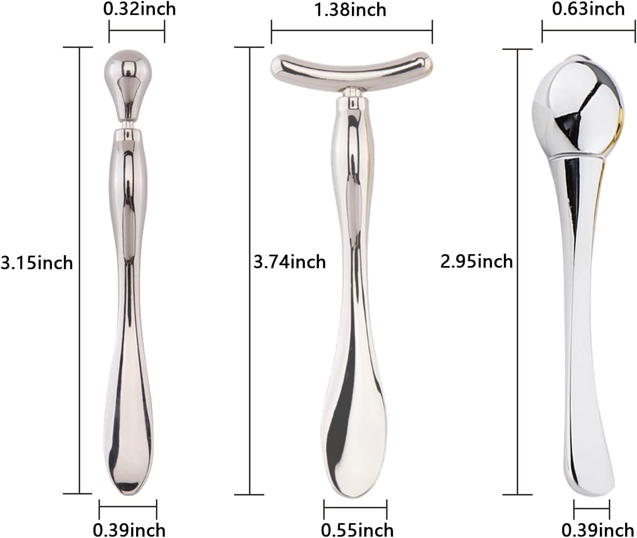 BetterJonny 3Pcs Metal Eye Cream Applicator Roller Wand Stick, Cosmetics Spoon Eye Cream Massager Wand Girls Women Facial Massager for Fatigue Relief Reduce Puffiness (Silver)