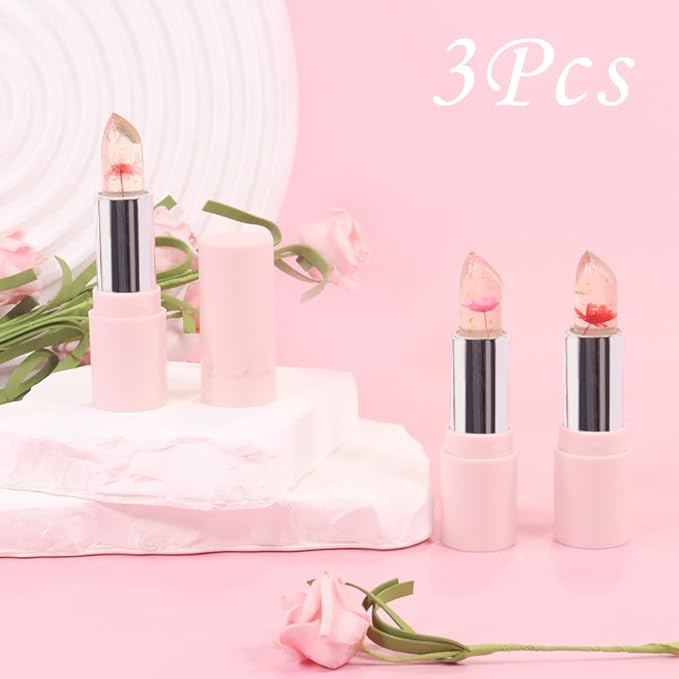 BINGBRUSH 3Pcs Ph Lipstick Color Changing,Pink Crystal Jelly Flower Clear Mood Long Lasting Labiales Lip Care Moisturizer Lip Balm Korean Magic Lip Gloss 24 Hours Lip Tinted Stain Makeup Set for Women