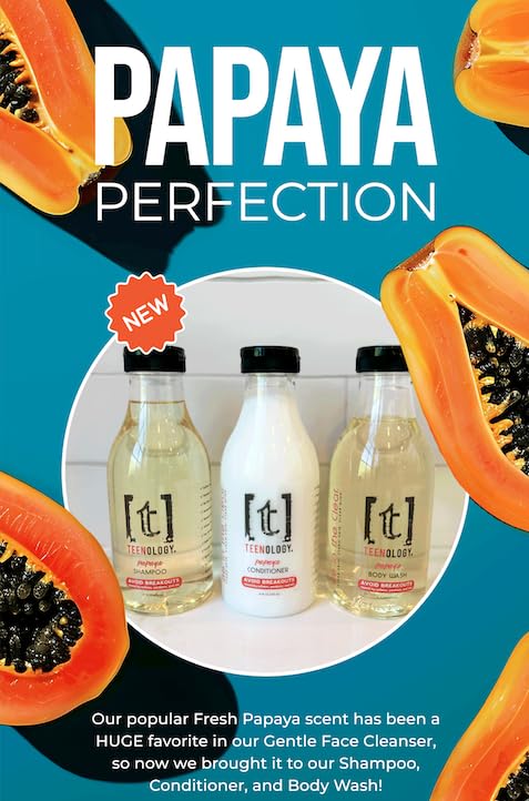 Teenology Conditioner for Teens - Avoid Forehead and Body Acne - Sulfate and Paraben Free, Noncomedogenic, Natural Botanical Extracts, NEW Fresh Papaya - 16 oz.