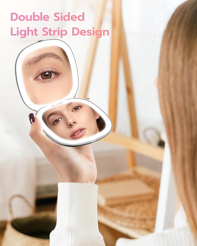 Benbilry 3.9" Rechargeable Compact Makeup Mirror with 3 Light Colors and Magnification 1X / 10X, Double Light Strip Dimmable Small LED Travel Mirror for Purse, Black