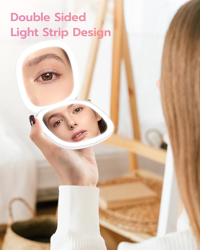 Benbilry 3.9" Rechargeable Compact Makeup Mirror with 3 Light Colors and Magnification 1X / 10X, Double Light Strip Dimmable Small LED Travel Mirror for Purse, White