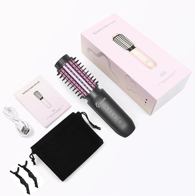 Cordless Hair Curling Iron Brush, 1.5" Mini Cordless Hair Curler, 3-in-1 Travel Curling Brush Hair Straightener Comb Rechargeable, 410℉ Heated Ionic Curling Tool for All Styles, Black
