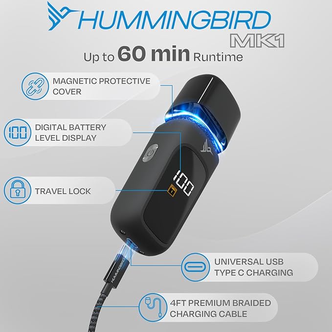 HUMMINGBIRD™ MK1 Compact Trimmer – Portable Electric Beard & Body Hair Trimmer for Men, Cordless USB-C Rechargeable, Face & Body Groomer, Travel Shaver, Travel Pouch, Great Gifts for Men, Dad, Husband
