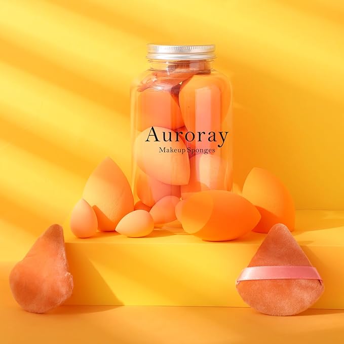 14 Pcs Makeup Sponge Set,Beauty Sponges Blender with 4 Pcs Powder Puff and 4 Pcs Mini Make up Sponges Birthday Gift,Mother's Day Gift for Women Liquid,Foundation,Powder,Concealer,Cream(Orange)
