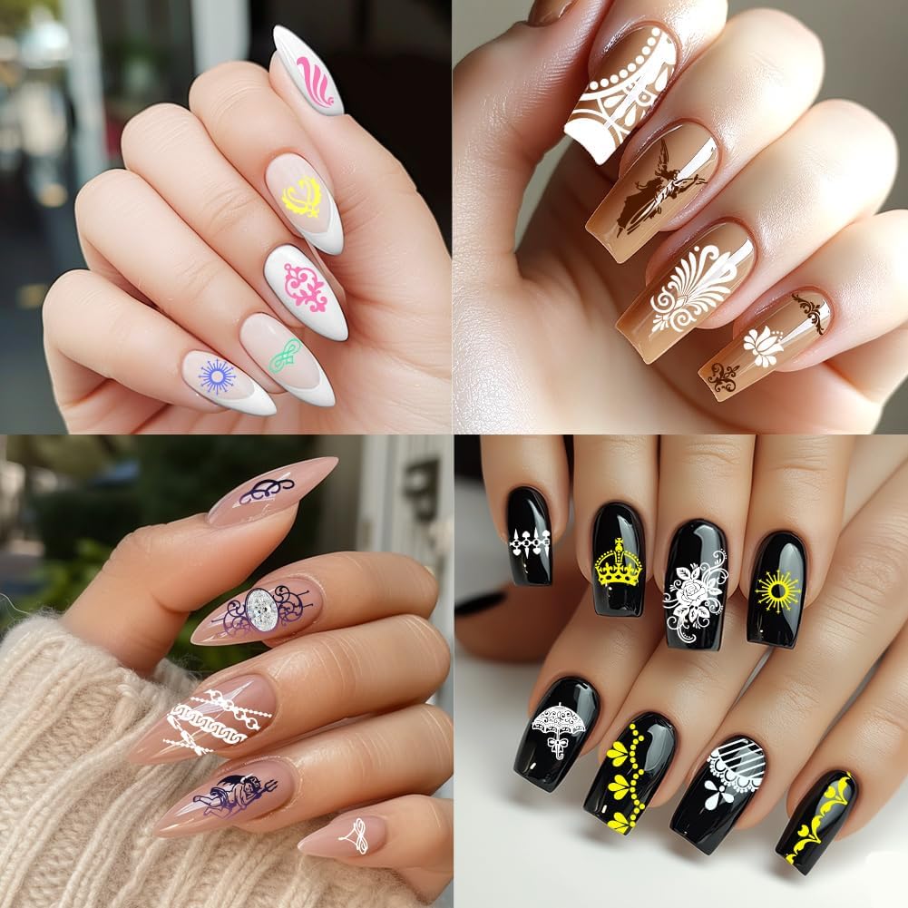 3Pcs Vintage Baroque Nail Stamping Plate Set Angel Devil Nail Stamp Templates French Line Tip Nail Stamp Plates Floral Border Metal Reusable Tools with Stamper Scraper for Manicure Printing