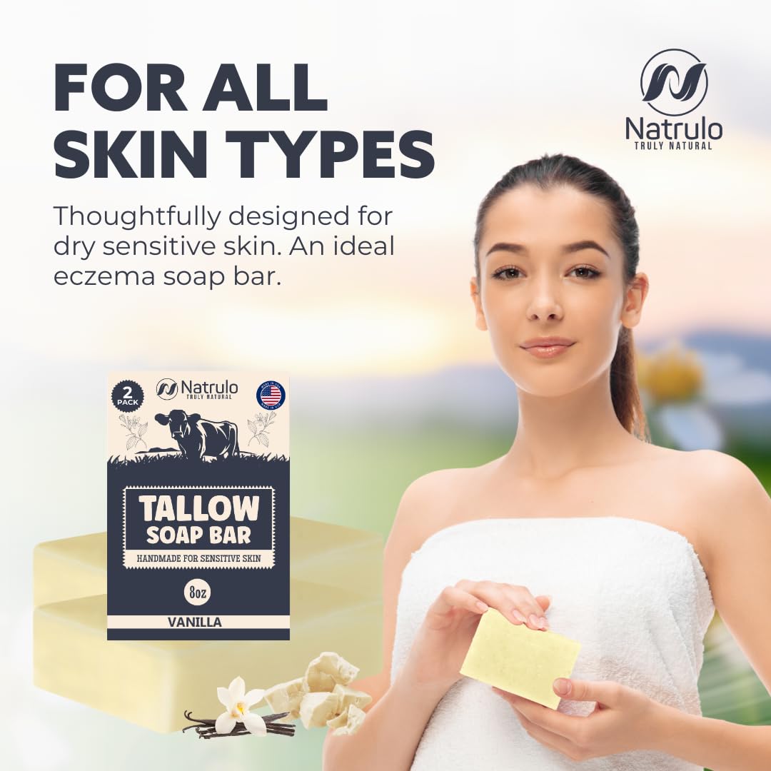 Beef Tallow Soap Bar – All Natural Grass Fed Tallow Soap Vanilla – Moisturizing Face & Body Wash Great for Eczema, Dry, Itchy, Sensitive Skin – Handcrafted Bath Soap for Adults, Kids, Made in USA