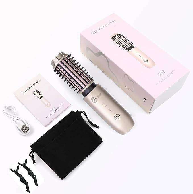Cordless Hair Curling Iron Brush, 1.5" Mini Cordless Hair Curler, 3-in-1 Travel Curling Brush Hair Straightener Comb Rechargeable, 7000mAh Portable Ionic Heated Curling, Gold