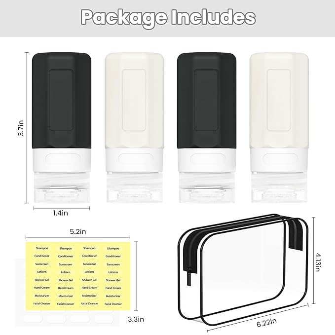 2 oz Travel Bottles, Small Travel Size Containers, TSA Approved Silicone Travel Toiletries Bottles, Shampoo and Conditioner Travel Kit for Women (Black-white)