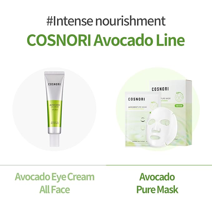 COSNORI AVOCADO PURE SHEET MASK (10pc) - Clean, Hydrating and Soothing for Dry skin, Korean Face Mask- Avocado Extract, 0.81oz x 10pc