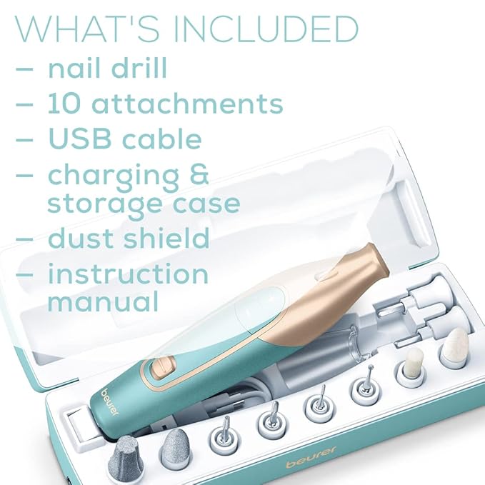 Beurer MP84 Professional Manicure & Pedicure Nail Drill Kit, 14-Piece Cordless Electric Nail File with 10 Attachments, LED Light, Adjustable Speed, Charging Storage Case
