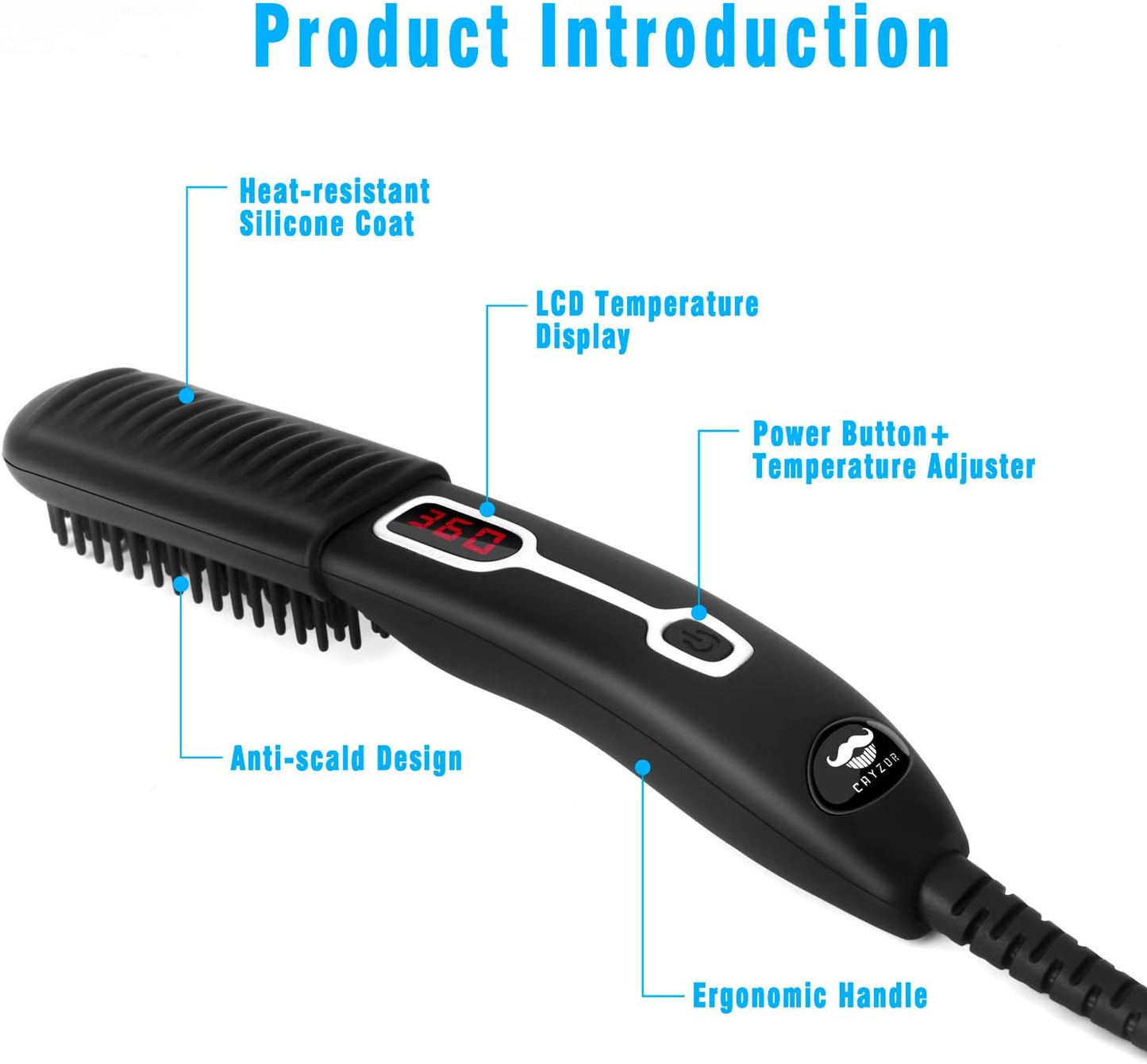 Beard Straightener Comb for Men - Upgraded Professional Electric Mens Beard Straightening Heated Brush Portable Anti-Scald 5 Adjustable Temperatures & LCD Display with Carrying Bag
