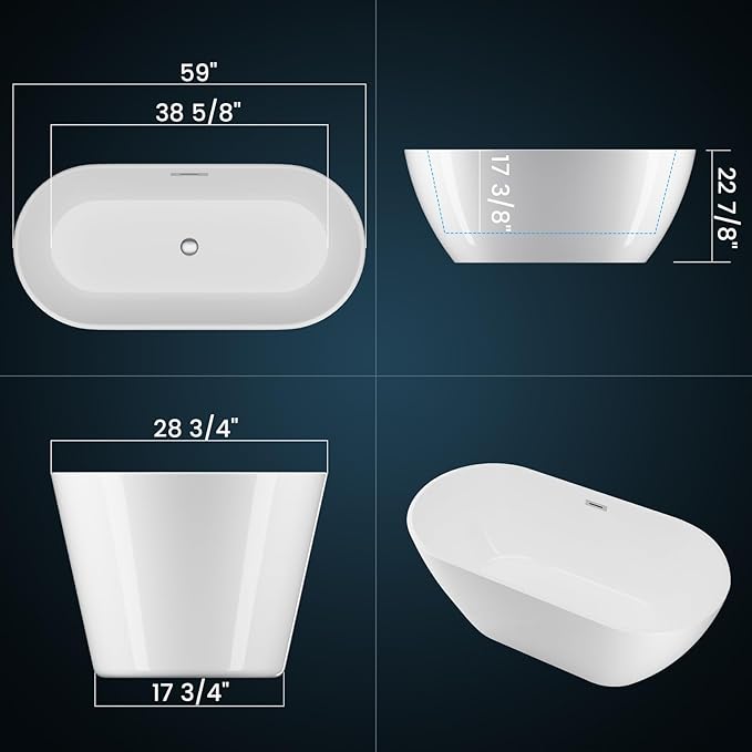 59 Inch Modern Acrylic Tub – Oval White Soaking Stand Alone Bath Tub with Chrome Drain, Ergonomic Design for Comfortable Full-Body Bathing in Home or Guest Bathroom