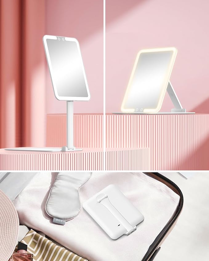 Gospire Travel Makeup Mirror with Lights and Magnification 10X, Portable Make Up Compact Tabletop with Adjustable Stand, 3 Colored Light Rechargeable Lighted LED Cosmetic Vanity- White