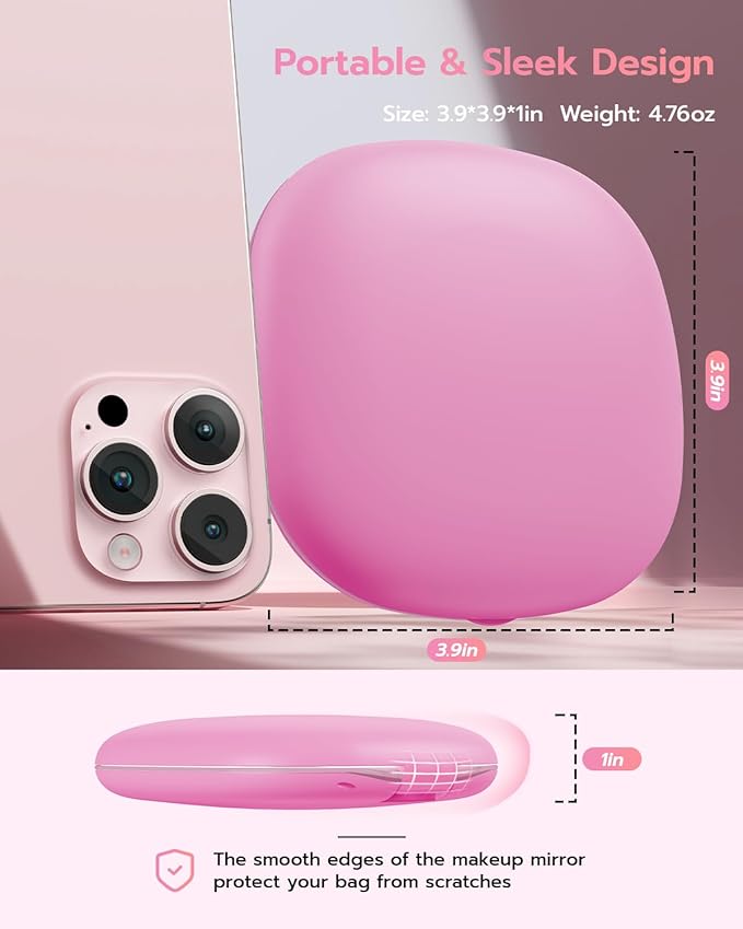 Benbilry 3.9" Rechargeable Compact Makeup Mirror with 3 Light Colors and Magnification 1X / 10X, Double Light Strip Dimmable Small LED Travel Mirror for Purse, Pink