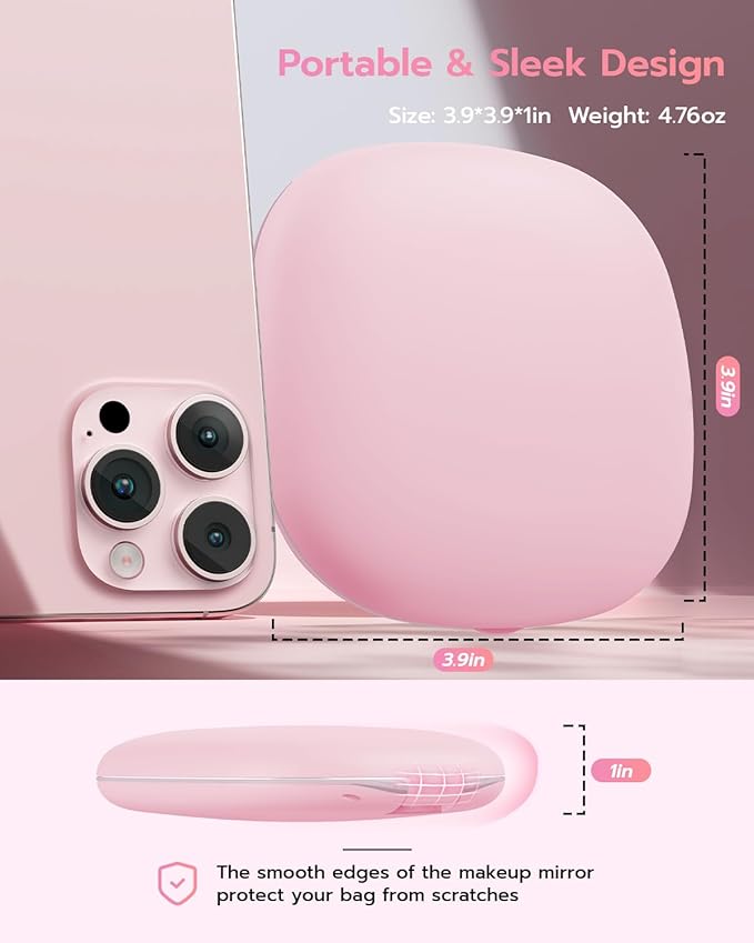 Benbilry 3.9" Rechargeable Compact Makeup Mirror with 3 Light Colors and Magnification 1X / 10X, Double Light Strip Dimmable Small LED Travel Mirror for Purse, Light Pink