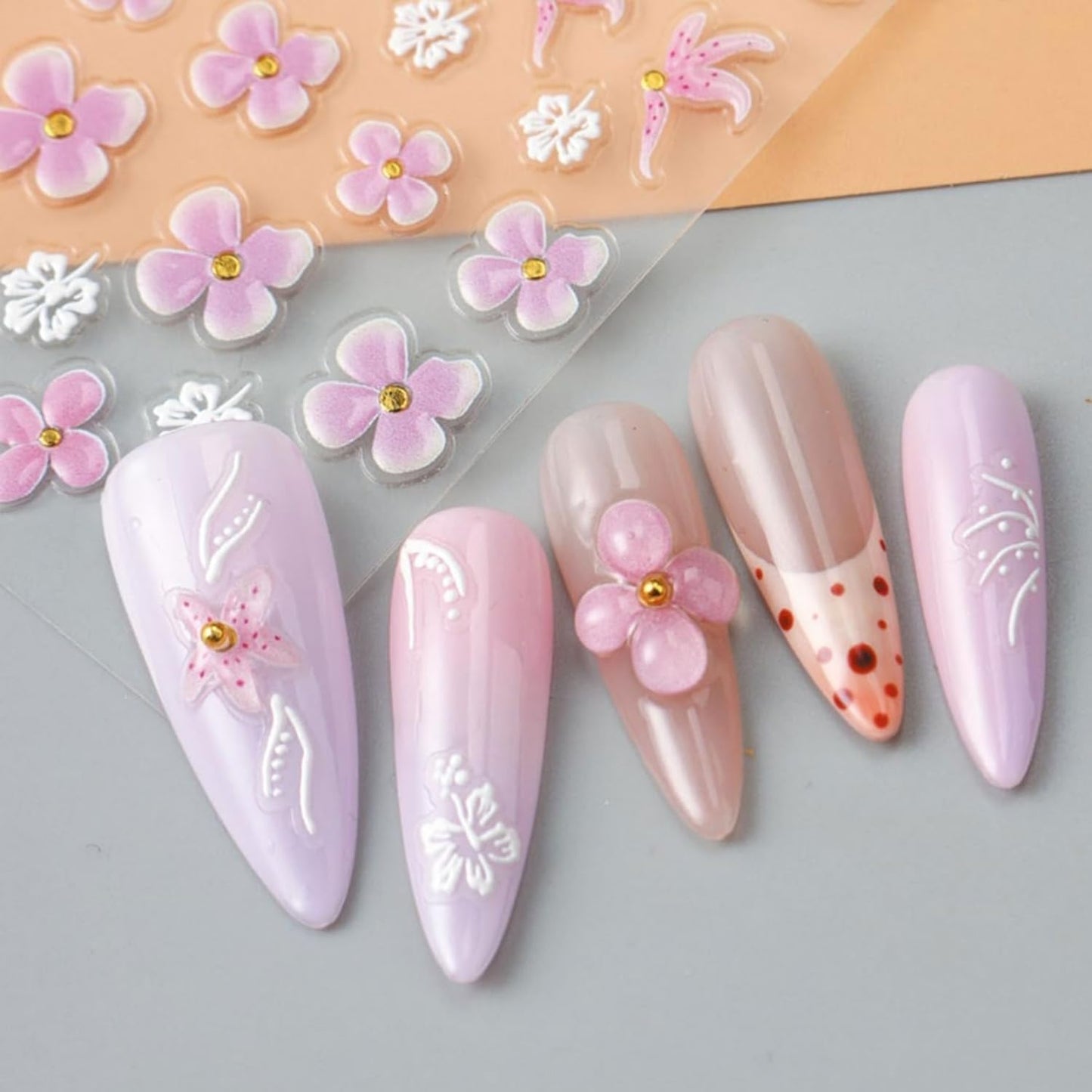 4 Sheets Flower Nail Stickers for Nail Art 5D Self Adhesive Spring Nail Art Stickers White Pink Flower Nail Decals Spring Nail Supplies Design for DIY Acrylic Nails for Women Girls