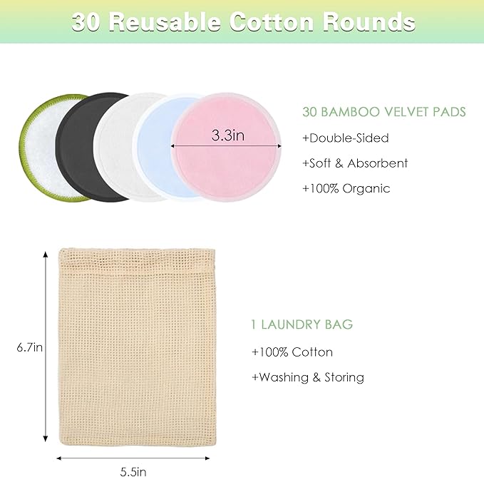 Chloven Reusable Cotton Rounds - 30 Pack Washable Bamboo Makeup Remover Pads for Gentle Cleansing Reusable Face Pads for Skincare & Nail Polish Removal with Mesh Laundry Bag