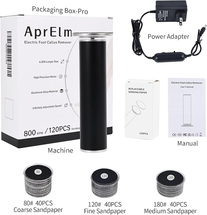 4.8IN Longer Electric Foot Callus Remover with 120pcs Sandpaper Discs, Professional Aluminum Callus Remover for Feet, Stepless Speed Control Pedicure Tools for Dead Skin