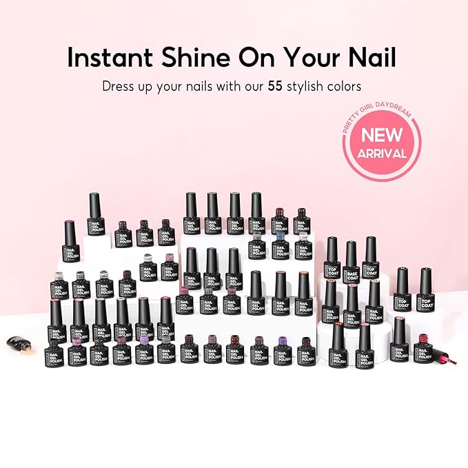 60PCS Summer Gel Nail Polish Starter Kit, 7ml 55 colors gel polish with 5pcs Top Base Coat Pink White Red Nude Green Blue Glitter Colors Nail Polish Set Manicure Nail Art Kit DIY Gifts for Women