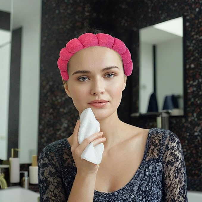 7 Pcs Spa Set, Facial Headband and Wristband Set, Skincare Accessories, College Style Girl Gift, Hair Accessories for Women and Girls(Hot Pink)