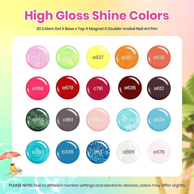 Beetles Gel Nail Polish Set - 20 Colors Gel Polish Pink Blue Green Yellow Pearl Color Gel with Base Glossy & Matte Top Coat Uv DIY Salon Manicure Kit Beach Bash Halloween Nails Gift for Women