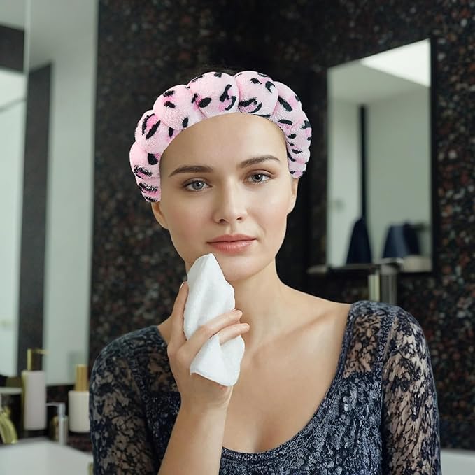 7 Pcs Spa Set, Facial Headband and Wristband Set, Skincare Accessories, College Style Girl Gift, Hair Accessories for Women and Girls(Leopard Print Pink)