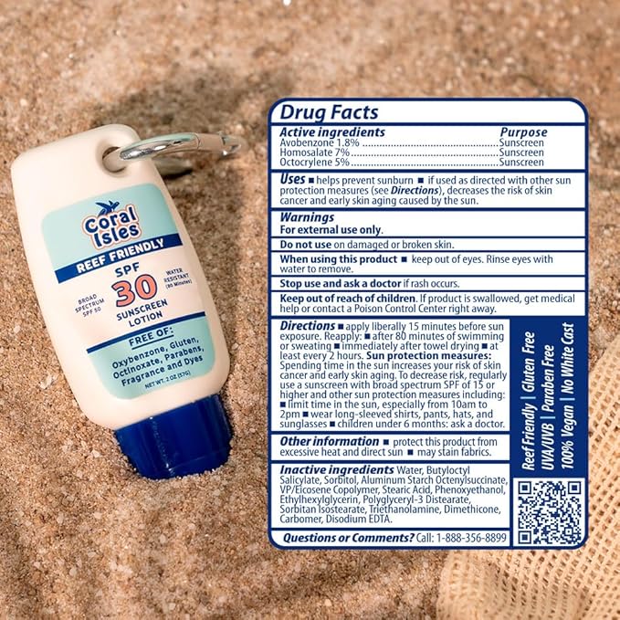 Sunscreen SPF 30 | Hawaii Compliant as Reef Safe | Octinoxate & Oxybenzone Free | Broad Spectrum UVA/UVB Protection | Water Resistant 80 Min. | Fragrance Free | 2 Fl Oz (Pack of 2))