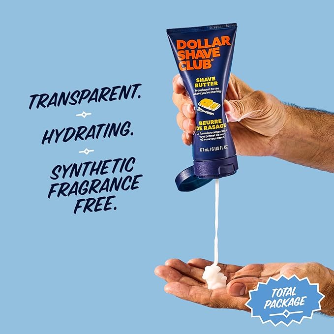 Dollar Shave Club | Total Package Gift Set | 4 Extra Close Refill Cartridges, 1 Heavy Metal Handle, 1 Prep Scrub 3 ounce, 1 Shave Butter 3 ounce, 1 Post Shave Dew 3.4 ounce, Razors for Men