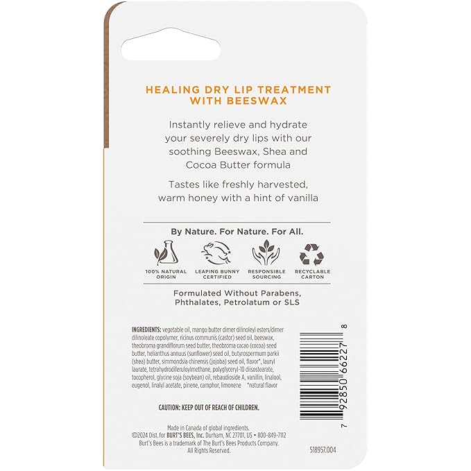Burt's Bees Rescue Lip Relief, Honey Vanilla, Hydrating Lip Balm for Dry Cracked Lips, with Responsbily Sourced Beeswax and Shea Butter, 100% Natural Origin, 1 Squeezy Tube, 0.35oz