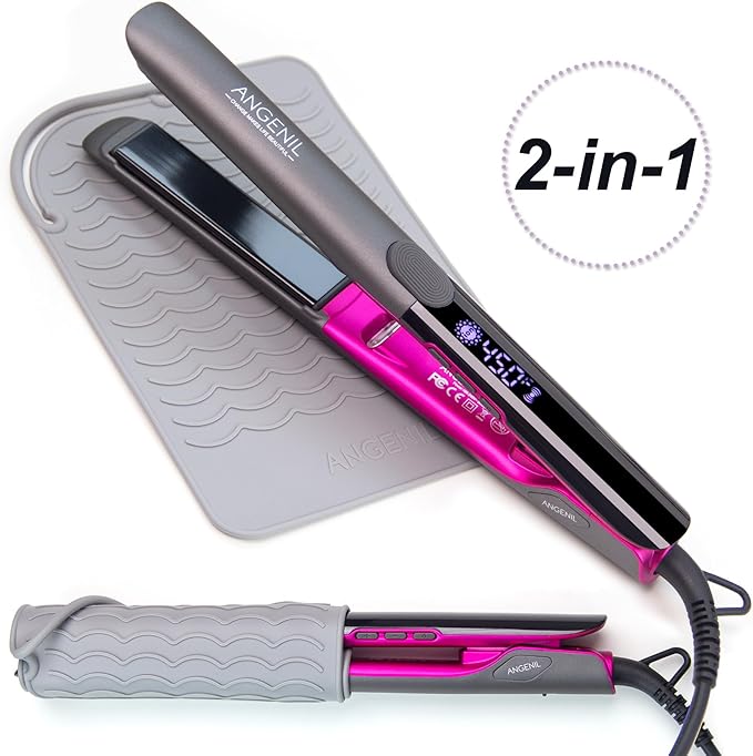 ANGENIL Professional Titanium Flat Iron Hair Straightener and Curler 2 in 1, Dual Voltage Hair Straighteners for Women, 20S Fast Heating Flat Iron 1-inch with Anti-scalding and Anti-Slip Silicone Mat