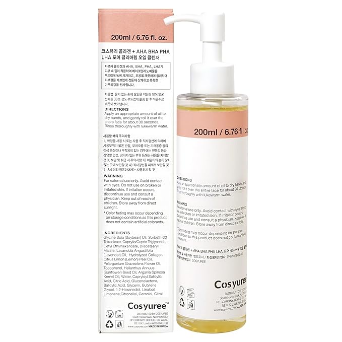 Collagen Pore Cleaning Oil Cleanser for Face by COSYUREEβ AHA BHA PHA LHA Oil for Deep Cleansing, Face Cleansing, Hydration, and Makeup Removal, Korean Skincare with Lemon & Lavender