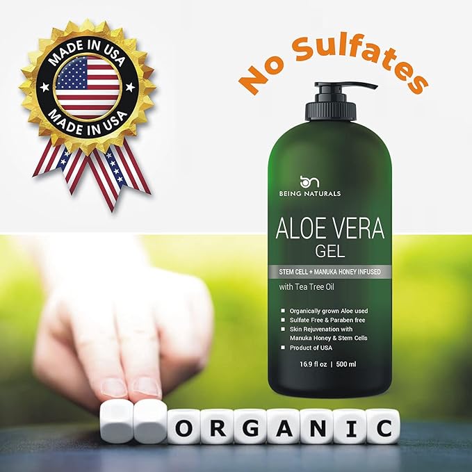 Aloe vera Gel - from 100% Pure Organic Aloe Infused with Manuka Honey, Stem Cell, Tea Tree Oil - Natural Raw Moisturizer for Face, Body, Hair. Perfect for Sunburn, Acne, Razor Bumps 16.9 fl oz