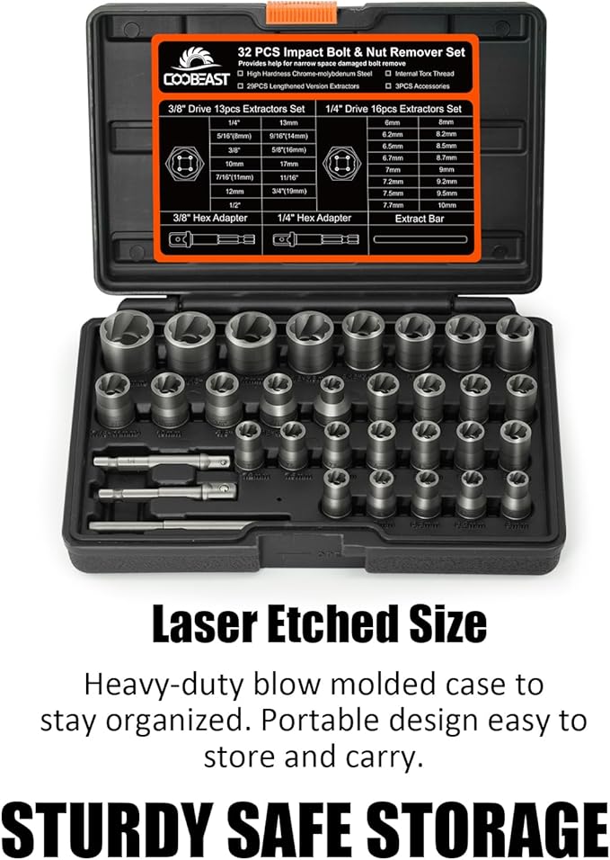 Bolt Extractor Kit, 32Pcs Impact Bolt & Nut Remover Set, Stripped Bolt Extractor Socket Set for Damaged, Frozen, Rusted, Rounded, Broken Bolts Nuts Screws Remove