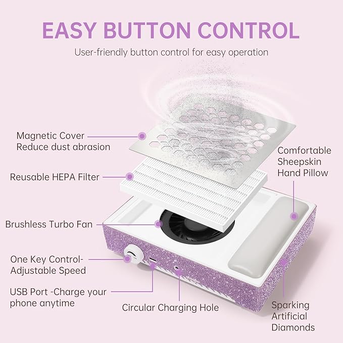 Cordless Nail Dust Collector,Brushless Turbo Fan Dust Collector Nail Tech 30pcs Cotton Filter,Rechargeable Dust Suction Machine for Acrylic Gel Polish Manicure at Salon&Home