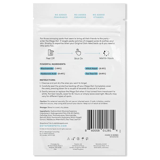 Dots for Spots Large Pimple Patches for Body, Chin, Cheek or Forehead - Includes Active Ingredients Niacinamide, Witch Hazel & Salicylic Acid for Maximum Effectiveness - Reduces Redness (10 patches)