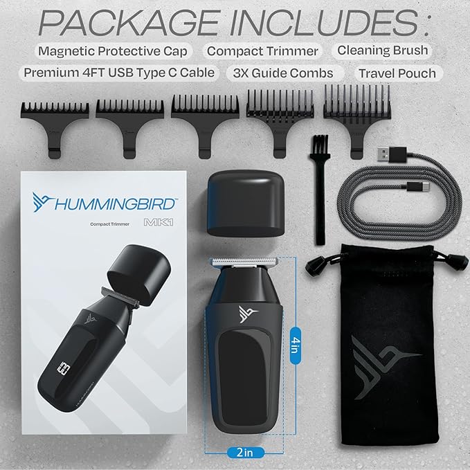 HUMMINGBIRD™ MK1 Compact Trimmer – Portable Electric Beard & Body Hair Trimmer for Men, Cordless USB-C Rechargeable, Face & Body Groomer, Travel Shaver, Travel Pouch, Great Gifts for Men, Dad, Husband