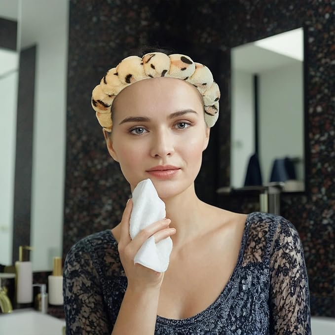 7 Pcs Spa Set, Facial Headband and Wristband Set, Skincare Accessories, College Style Girl Gift, Hair Accessories for Women and Girls(Leopard)