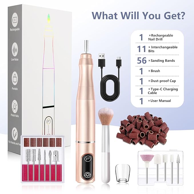 Cordless Nail Drill Electric Rechargeable File Kit, Professional Efile Acrylic Gel Nail Polish Remover Pedicure Manicure Machine Portable Set with 11 Bits 56 Sanding Bands for Salon Home (Gold)