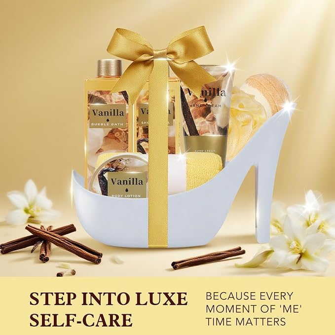 Cozy Vanilla Gifts for Women Spa Basket, High Heel Bath Set with Bubble Bath & Shea Butter, Christmas Birthday Gifts for Mom, Her, Best Friend