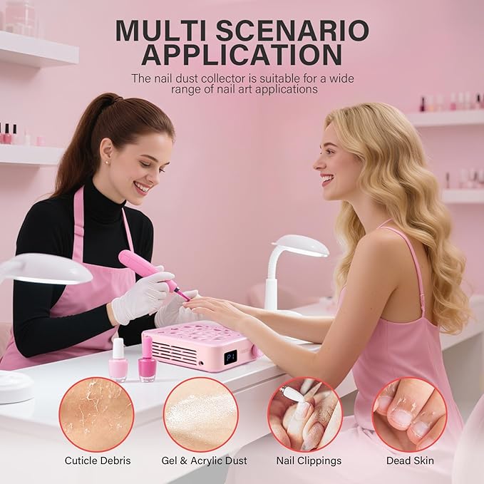 AILLSA Nail Dust Collector: Professional Powerful Suction Dust Collector Nail Tech Adjustable Speed with LED Display & Brush & Filter Paper for Acrylic Gel Nail Polish Manicure Salon & Home Use(Pink)
