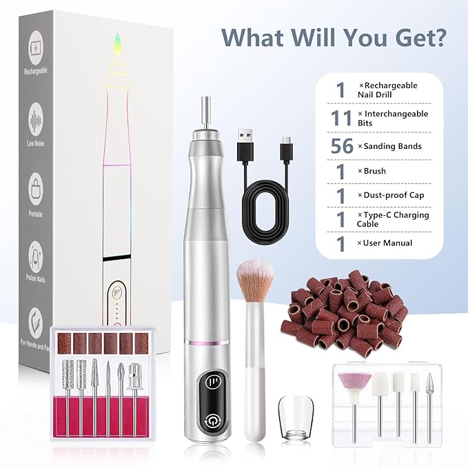 Cordless Nail Drill Electric Rechargeable File Kit, Professional Efile Acrylic Gel Nail Polish Remover Pedicure Manicure Machine Portable Set with 11 Bits 56 Sanding Bands for Salon (Silver)