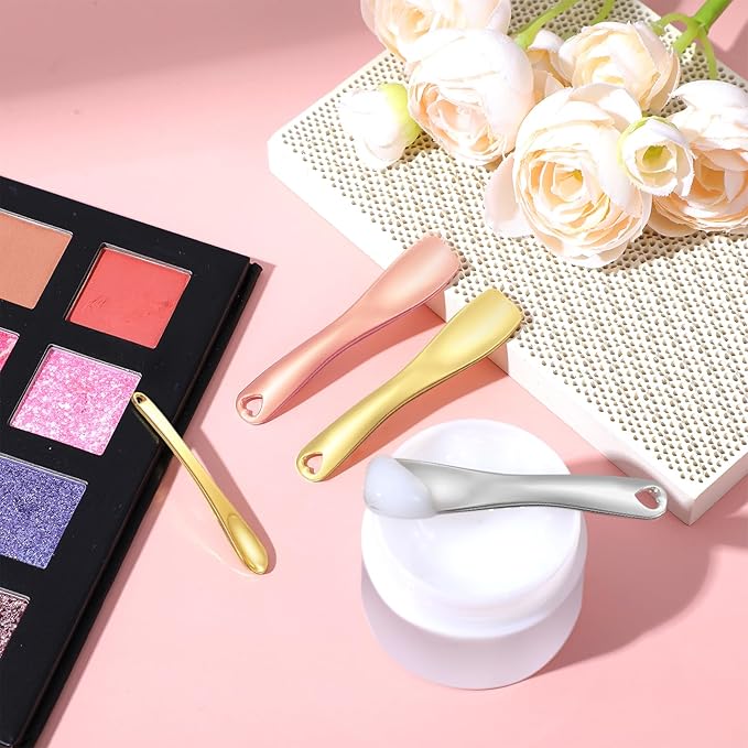 4 Pcs Mini Metal Makeup Spatula Set, Included Cosmetic Spoon and Cosmetic Spatula, Reusable Skincare SpatulaS, Mini SpatulaS Tiny Spoon for Cosmetics, Makeup Beauty Spoons for Cream Lotion Moisturizer