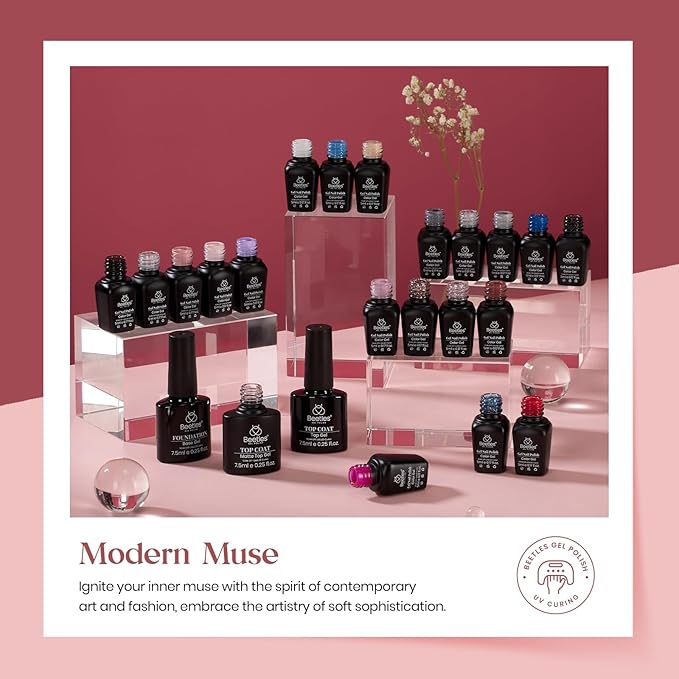 beetles Gel Polish Kit, Nude Gray Pink Blue Burgundy Glitter Gel Polish Set Modern Muse Collection with 3Pcs Base Matte Glossy Top Coat Soak off Uv Gel for Women