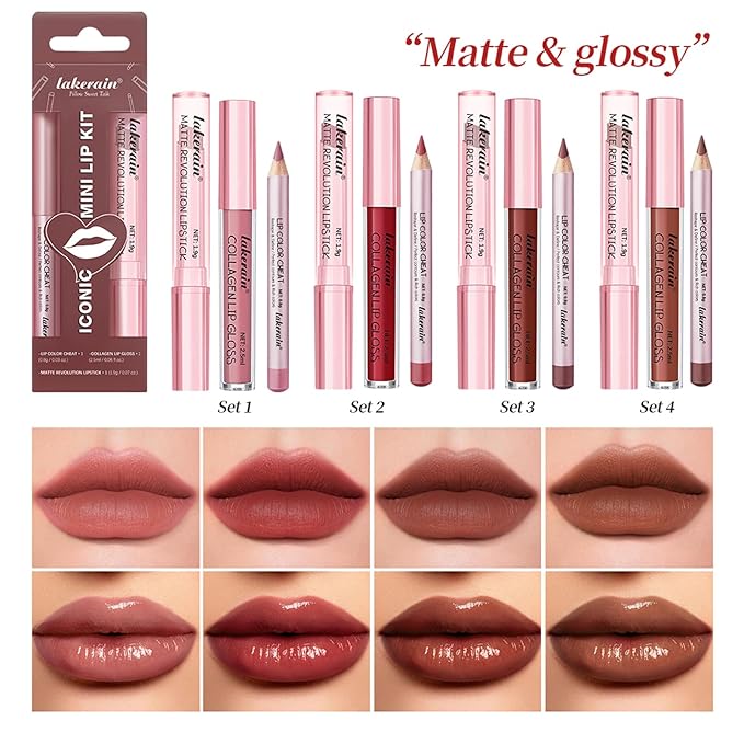 3PCS Lip Liner and Lipstick Combo Set - Matte Lip Liner Pencil, Velvet Matte Lipstick & Hydrating Collagen Lip Gloss - Long-Lasting, Smudge-Proof, High Pigment Nude Brown Lip Makeup Kit (Set 3, 3)