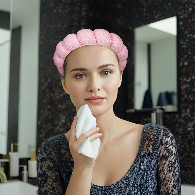 7 Pcs Spa Set, Facial Headband and Wristband Set, Skincare Accessories, College Style Girl Gift, Hair Accessories for Women and Girls (Pink)