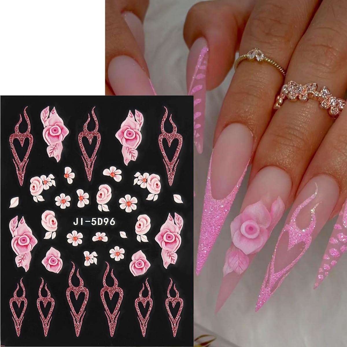 5D Embossed White Flowers Nail Stickers, 5 Sheets Self-Adhesive Floral Nail Decals, Spring Rose Butterfly Nail Art, 3D Acrylic Flowers for Manicure Decor